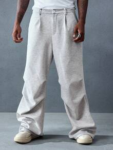 ROMWE MEN Casual 男士秋冬街头休闲褶皱阔腿宽松针织裤带口袋 - 灰色 - 查看 5