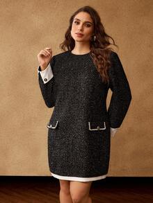 MOTF PREMIUM PLUS SIZE TWEED CONTRAST CUFF FITTED A-LINE DRESS - Black - View 4
