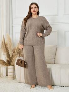 SHEIN Lacomfia Plus Size Women Cable Pattern Round Neck Drop Shoulder Long Sleeve Sweater And Knit Pants Casual Loose Suit, Autumn/Winter