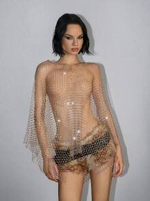 SHEIN Jeanoir Women's Rhinestone Mesh Sheer Party Top, Suitable For Bar, Party, Music Festival, Carnival - Champagne - View 4