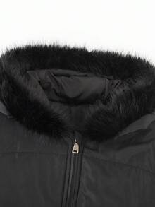 Sparklyn Tween Girls' Winter Zip-Up Hooded Ribbed Waist Faux Fur Collar Short Down Jacket - Black - View 6