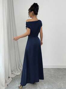 Elenzga 女士夏装，不对称肩部，短袖，正面褶皱细节，不对称下摆，编织面料，百搭时尚日常穿着 - 藏蓝色 - 查看 2