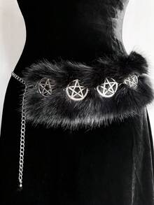 ROMWE Goth 1 件女士黑色镂空五角星装饰腰链，哥特式派对配饰，适合日常穿着、万圣节 - 銀色黑毛毛 - 查看 5