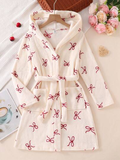 Girls' Cute Bathrobe, White Plush With Red Bow Print, Pockets, Belt, Long Sleeve, Long Hooded Robe, Sleepwear, Autumn/Winter