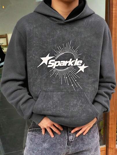 SHEIN Tonårspojke tvättad grå grafiskt trycktröja, avslappnad collegestil, bekväm och mångsidig, mjukt tyg, lämplig för vardagsbruk, skola, utflykter, utomhusaktiviteter, höst-/vinterstjärnetröjor för tonårspojkar grafisk tröja grafisk grå tröja