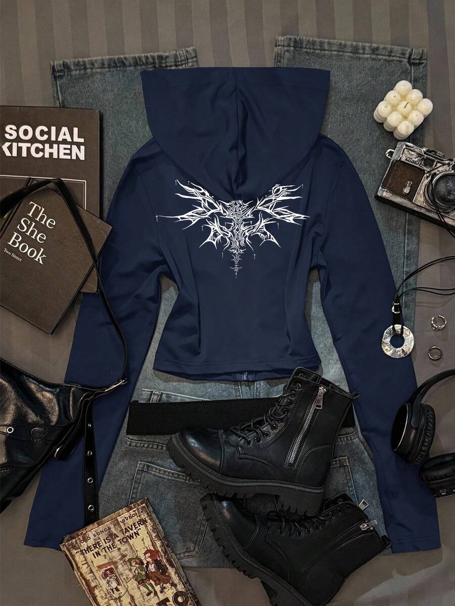 SHEIN EZwear Vintage Pattern Navy Blue Women's Solid Color Fitted Hoodie T-Shirt, Autumn