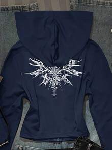 SHEIN EZwear Vintage Pattern Navy Blue Women's Solid Color Fitted Hoodie T-Shirt, Autumn