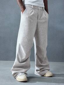 ROMWE MEN Casual 男士秋冬街头休闲褶皱阔腿宽松针织裤带口袋 - 灰色 - 查看 7