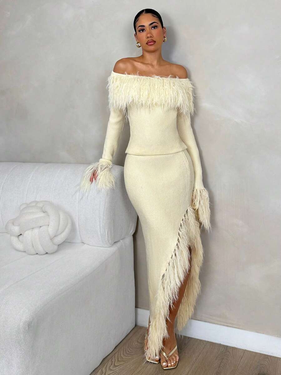 Glamine 女式优雅露肩拼接蓬松修身毛衣和高开叉下摆毛衣裙两件套，秋季 - 杏色 - 查看 1