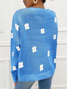 RueChic Floral Pattern Drop Shoulder Sweater - Blue - View 2