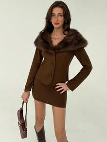 Aloruh 1 Set: Wool Blend Oversized Collar Jacket + Regular Length Wool Blend Skirt, Fashionable Outerwear For Autumn/Winter - Brown - View 5