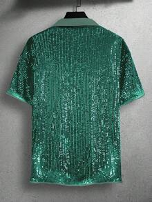 Calvornis Men's Front Button Short Sleeve Casual Shirt With Sequin Decor - Green - View 2