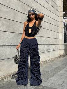 Coolane Women's Fall Streetwear Concert Rave Festival Going Out Renaissance Fair Clubs Pleated Navy Blue Straight Pants - Navy Blue - View 5