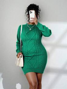 Elenzga Plus Size Elegant Cable Knit Bodycon Sweater Dress, Autumn/Winter - Green - View 3