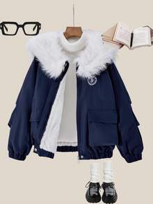 SHEIN 少女外套，藏蓝色长袖，正面刺绣，可拆卸人造毛领，美式学院风，时尚休闲百搭，适合秋冬季外出和居家穿着，可搭配牛仔裤、运动裤、连帽衫。 - 藏蓝色 - 查看 1