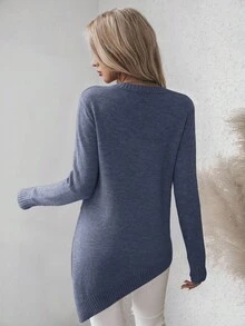 SHEIN LUNE 女式纯色圆领长袖不对称下摆休闲套头毛衣，秋冬 - 藏蓝色 - 查看 2