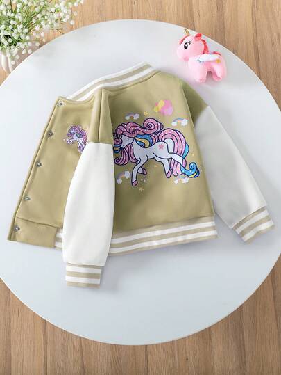 Elladie kids 适合年轻女孩的休闲时尚新款外套，适合返校季穿着。可爱独角兽图案印花，针织卫衣面料，卡其色搭配白色袖片，条纹罗纹袖口，长袖纽扣前襟飞行员夹克，适合可爱女孩，返校季、日常穿着、外出、聚会、假期、秋冬季穿着。