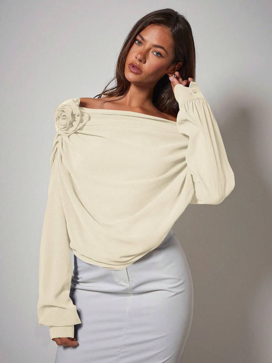 COSMINA 女式纯色 3D 花卉装饰荷叶边优雅衬衫，露肩上衣，秋季女装 - 卡其色 - 查看 1