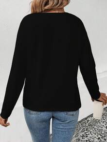 EMERY ROSE Women's New Arrival Heart Pattern V-Neck Long Sleeve Casual Versatile T-Shirt, Autumn/Winter - Black - View 2