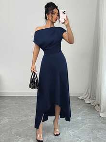 Elenzga 女士夏装，不对称肩部，短袖，正面褶皱细节，不对称下摆，编织面料，百搭时尚日常穿着 - 藏蓝色 - 查看 6