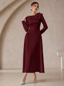 Modelyn Rochie lungă elegantă pentru femei, în culoare solidă, cu decor floral 3D, potrivită pentru primăvară și toamnă - Burgundia - Vizualizare 3