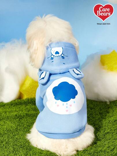 Care Bears X PETSIN 1pc Bear Print Blue Cute Three-Dimensional Ear Hooded Sweatshirt For Pets, Cat And Dog Universal Plush Warm And Comfortable Dog Sweatshirt