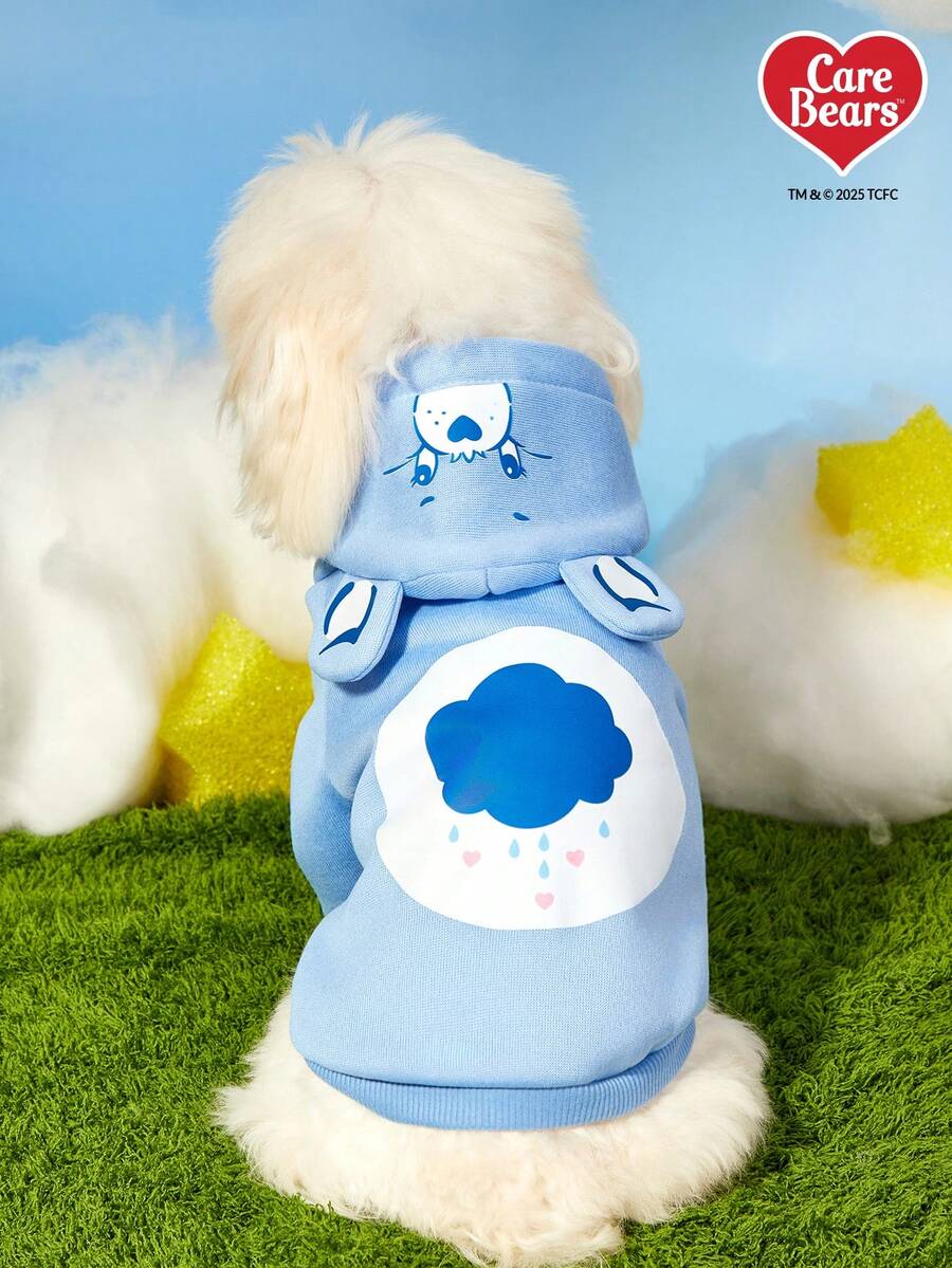 Care Bears X PETSIN 1pc Bear Print Blue Cute Three-Dimensional Ear Hooded Sweatshirt For Pets, Cat And Dog Universal Plush Warm And Comfortable Dog Sweatshirt - Blue - View 1