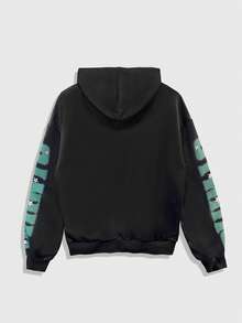 ROMWE MEN Street Life Men's Street Fashion Graphic Print Rhinestone Embellished Hoodie - Black - View 2