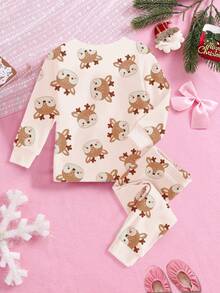 SHEIN 圣诞快乐，奶油白色圣诞节，可爱的圣诞驯鹿和红色圈圈鲁道夫插图图案，女婴休闲舒适柔软长袖睡衣套装，适合秋冬季居家、圣诞节、新年、日常穿着、舒适合身，女婴睡衣套装，奶油白色圣诞睡衣，舒适合身单人睡衣，长袖舒适合身两件套睡衣，圣诞睡衣，男女通用服装 - 彩色 - 查看 6
