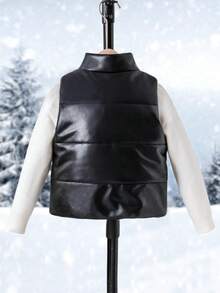 SHEIN Kleine Mädchen Vintage Lässig Minimalist gesteppte Jacke mit Tasche aus PU-Leder, gepolstert, geeignet für Herbst/Winter, Outdoor