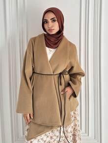 DAZY Stilvoller kurzer Mantel mit Gürtel und umkehrbarem Revers, dicker Winterjacke für Frauen in bescheidener Mode - Khaki - Übersicht 5