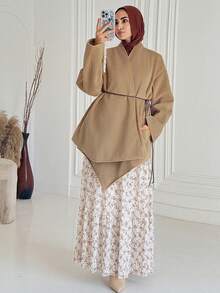 DAZY Stilvoller kurzer Mantel mit Gürtel und umkehrbarem Revers, dicker Winterjacke für Frauen in bescheidener Mode - Khaki - Übersicht 7