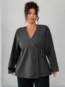 DAZY Plus Size Women Loose Casual Woolen Oblique Placket Drawstring Thick Jacket, Autumn/Winter - Dark Grey - View 5