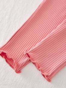 2 件套女婴家居服套装，长袖上衣和裤子，可爱的罗纹面料，白色上衣搭配粉色裤子和心形刺绣 - 粉色 - 查看 5