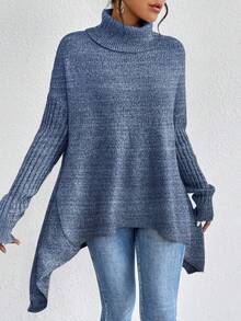 EMERY ROSE 高领不对称下摆落肩毛衣，长袖上衣