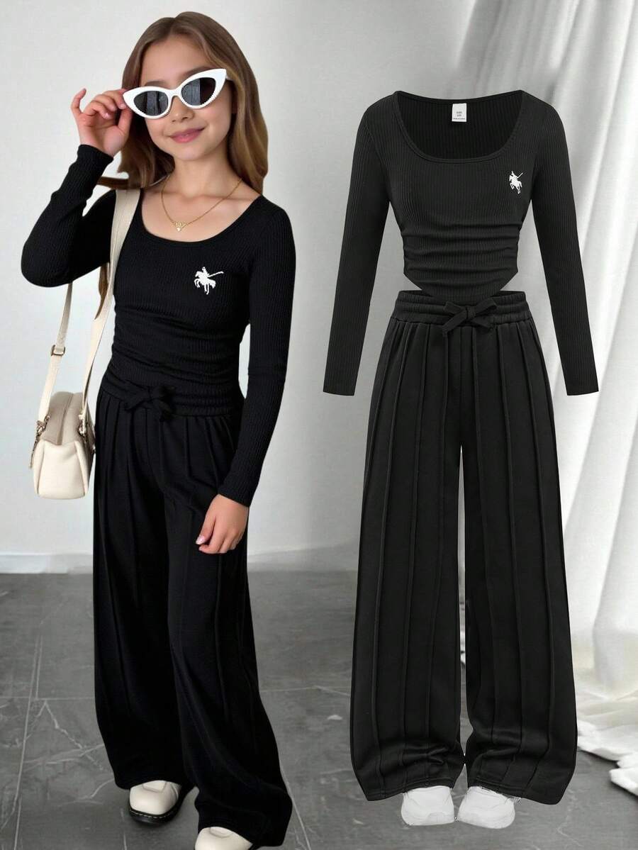 SHEIN Tween Girls Back To School Sports Casual Solid Color Set, Long Sleeve Cropped T-Shirt With Ruched Details And Straight Leg Sweatpants, Autumn/Winter - Black - View 1
