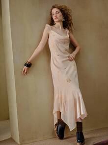 MOTF STUDIO ELEGANTE VESTIDO BOHEMIO CON CUENTAS, LENTEJUELAS Y BORDADOS - Caqui - Ver 6