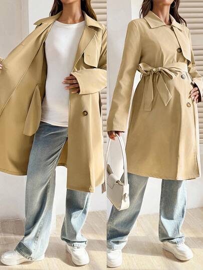 SHEIN Pregnant Women's Casual Double-Breasted Belted Regular Jacket, Spring/Autumn Long Jacket For Women Women Coats Trench Coat Women Trench Coats Coat Winter Clothes Chic