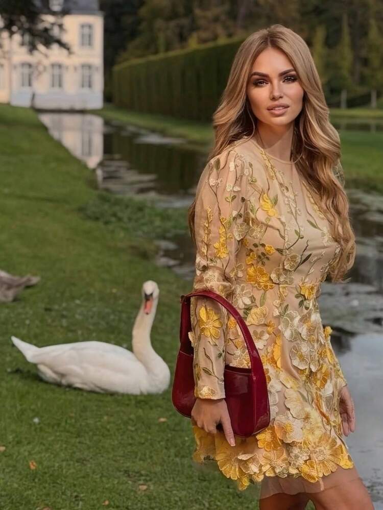 Women Floral Print Long Sleeve Short Dress