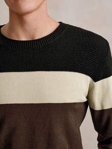 Manfinity Homme Men's Contrast Color Round Neck Long Sleeve Casual Sweater For Autumn/Winter Pullover Sweater, Men Knit Sweater, Men Color Block Sweater, Men's Sweater