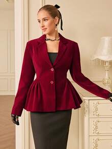 Chiquease 女式天鹅绒泡泡袖翻领长袖夹克 - 紅色 - 查看 6