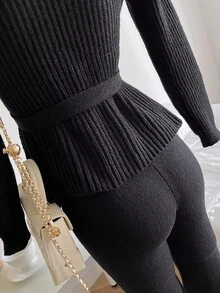 2 件套青少年女童秋冬毛衣套装，优雅粗针织套头毛衣，腰部系带蝴蝶结，搭配直筒裤 - 黑色 - 查看 4