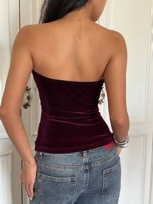 Zavorell Zielony Women's Elegant Y2K Millennium Sexy Spice Girl Style Burgundy Velvet Sequined Strapless Top, Fashion Retro Academy And Party Sisters' Club Tube Top,Versatile, Business Office Wear, Versatile And Stylish Everyday Casual Wear, Urban Teacher's Professional Attire - Burgundy - View 2