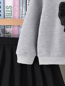 Autumn Back-To-School Career Day Girls Gray Shiny Beaded Bow Collar Long Sleeve Sweatshirt+Black Pleated Skirt Set,Collegiate Style Collegiate Suit - Multicolor - View 5