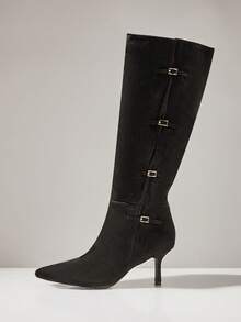 SHUZIA Women's Glamorous Pointy Toe Stiletto Heel Knee Buckled Straps Knee High Boots For Christmas