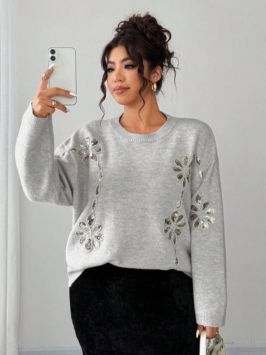 Dazy Plus Maglione oversize a girocollo con maniche lunghe, decorato con fiori e perline, casual per taglie forti, con paillettes, adatto per autunno/inverno