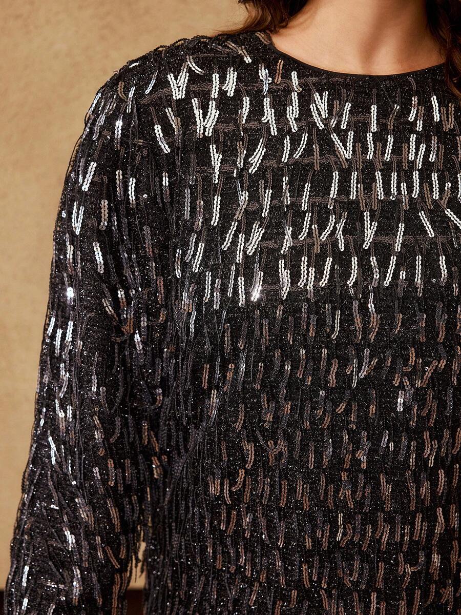 MOTF PREMIUM CHRISTMAS PLUS CHIC PARTY FRINGE & SEQUIN LONG SLEEVE MINI DRESS, AUTUMN/WINTER - Black - View 2