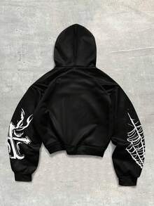 ROMWE MEN Goth Men's Casual Fashion American Street Style Halloween Spider & Cross Print Loose Fit Drop Shoulder Hoodie, Spring/Autumn, Long Sleeve Top - Multicolor - View 2