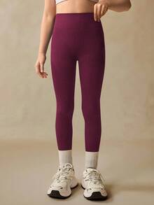 SHEIN Tween Girl High Waisted Ribbed Seamless Slim Leggings,Burgundy Red,Autumn,Athletic,Gym Sport Breathable 4-Way Stretch Legging For Yoga Running Cycling - Burgundy - View 6