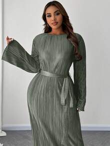 Maweii 加大码纯色圆领长袖系腰简约休闲连衣裙长款女装 - 深灰色 - 查看 2